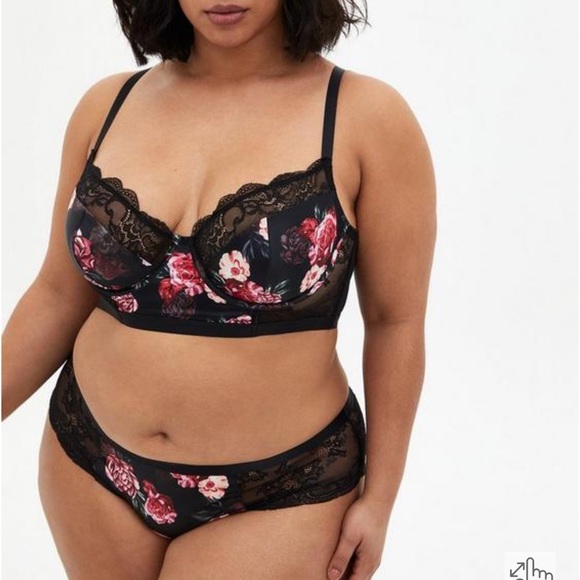 Torrid Black Floral Satin Lace Underwire Longline Bralette & Hipster Panty - Picture 1 of 3